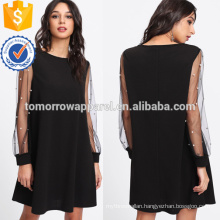 Black Pearl Beading Mesh Sleeve Dress OEM/ODM Manufacture Wholesale Fashion Women Apparel (TA7098D)